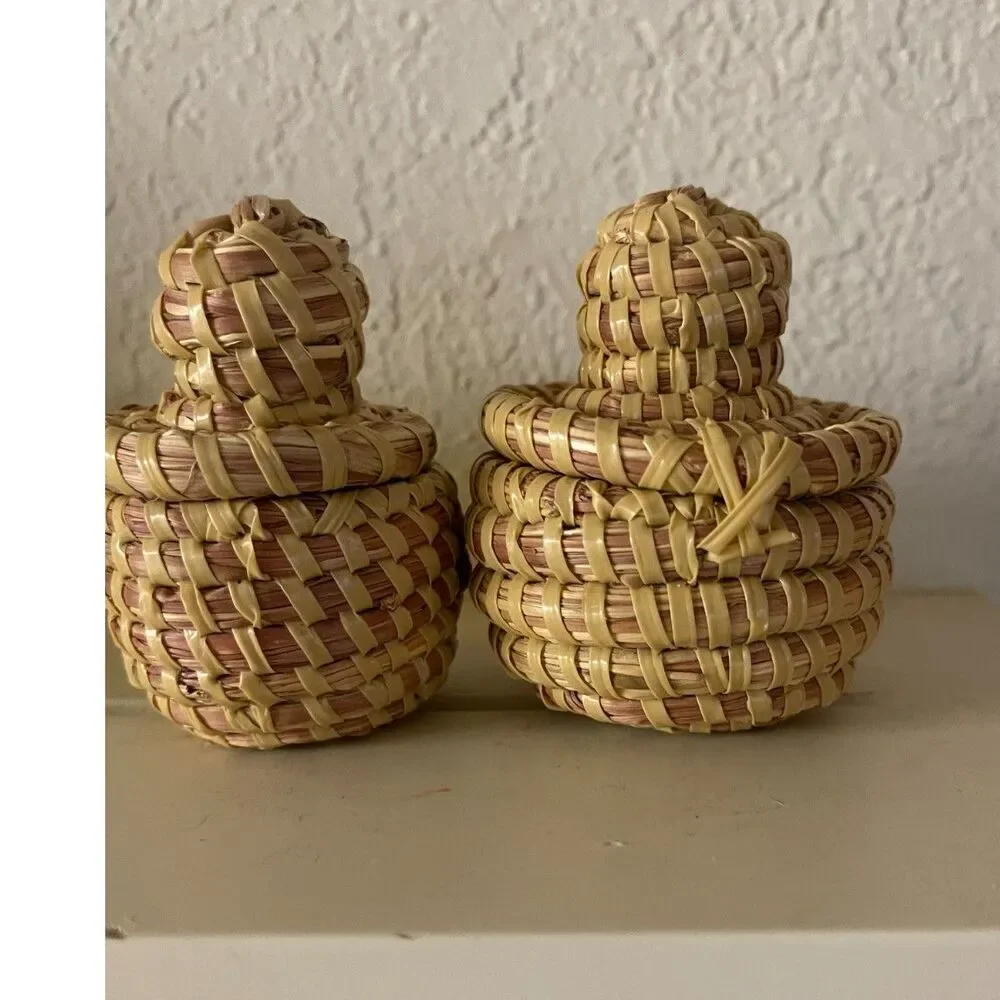 Set 2 Mini Sweetgrass Basket with Lids, Charleston South Carolina, 2.5